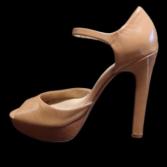 Saks Fifth Avenue Shoes - Sak's  Patent Leather Peep Toe Platform Nude Ankle Strap Block Heels  Sz…